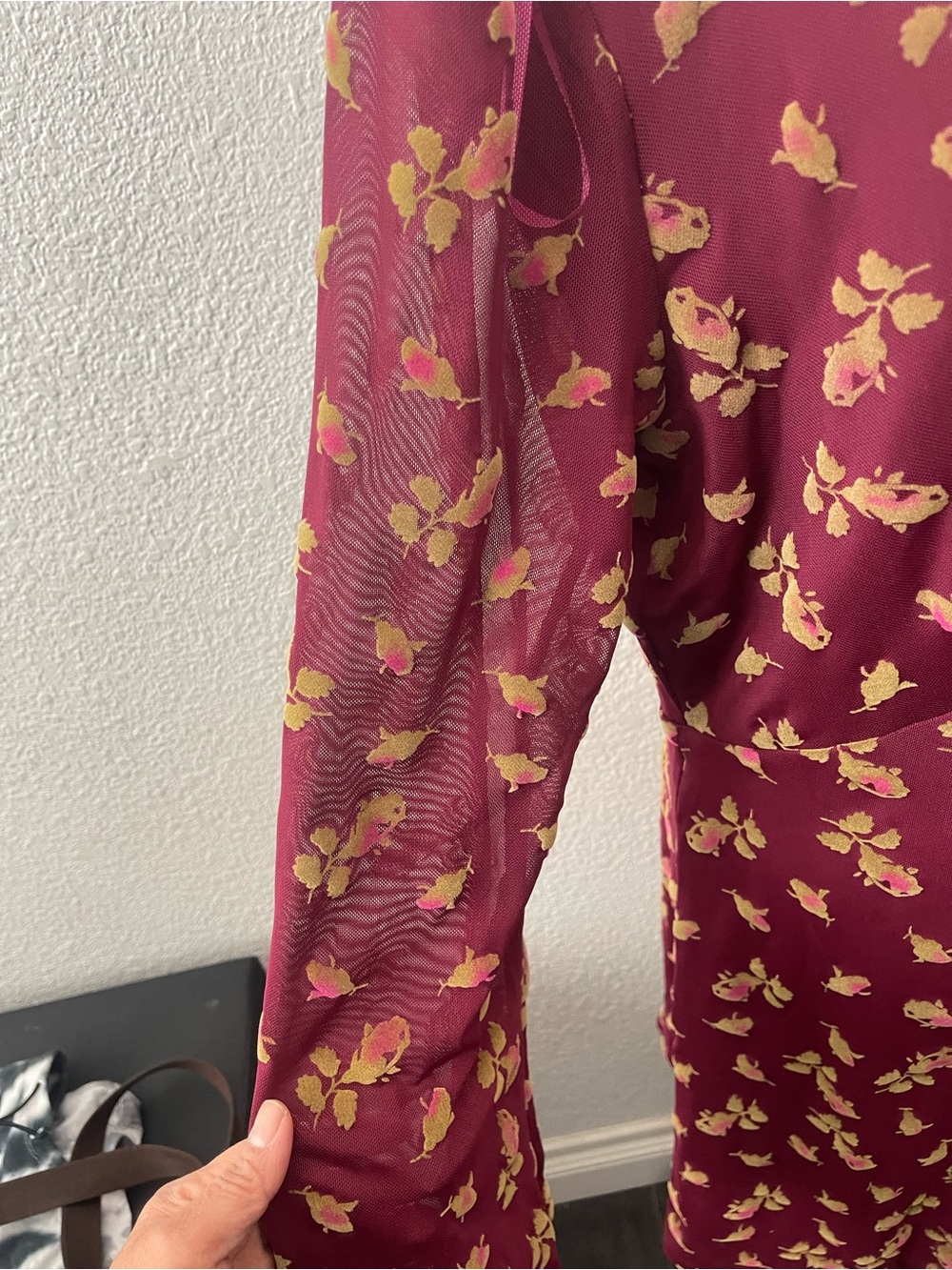 Betsey Johnson Burgundy Floral Long-Sleeve Mesh Midi Dress - Picture 3 of 8